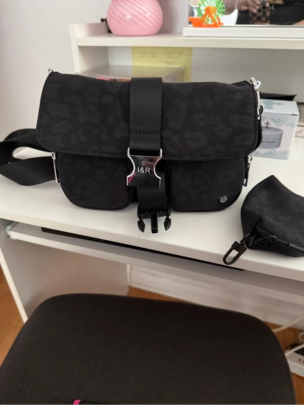 Black Crossbody Bag with Subtle Leopard Texture